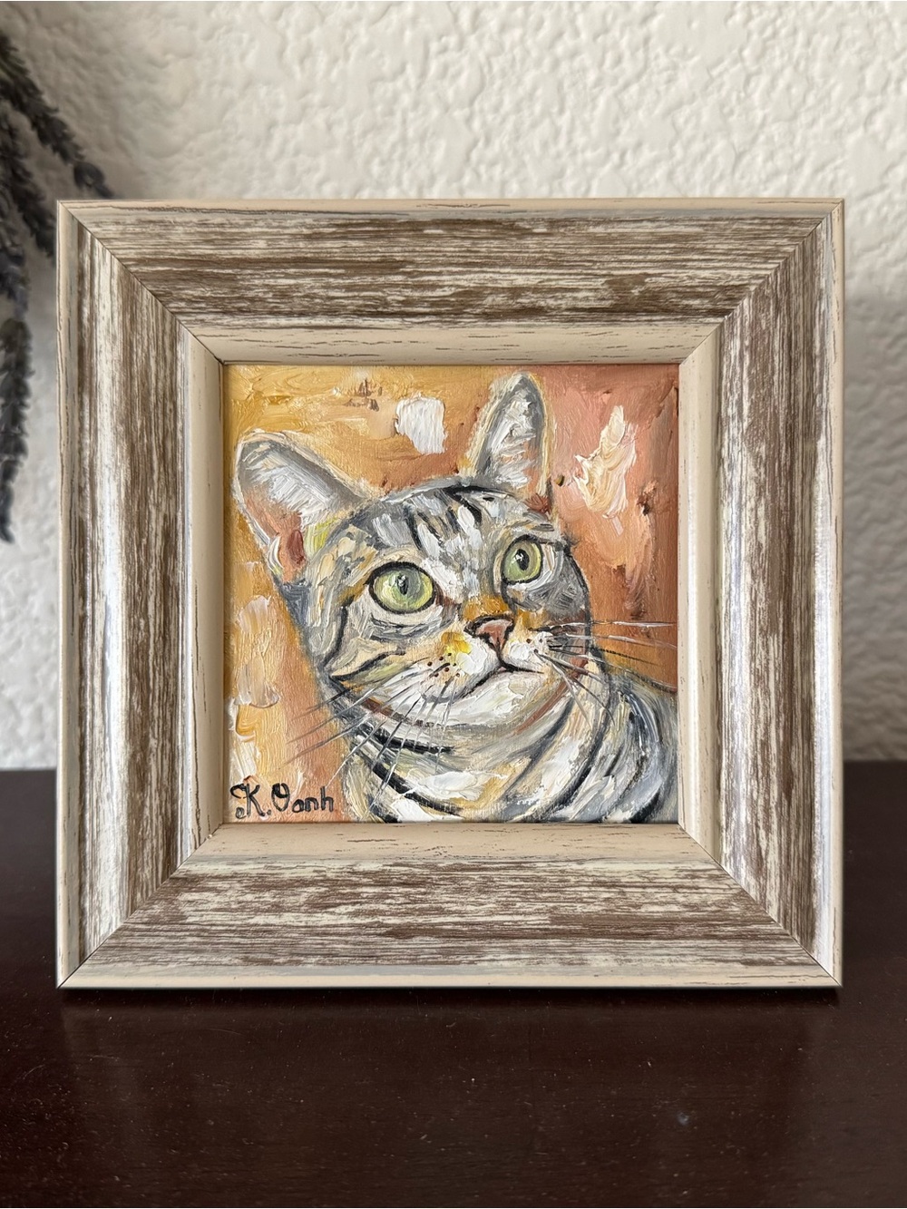 Hand painted oil painting tabby cat portrait signed framed 4x4 inches